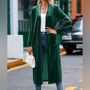 Emerald Green Velvet Long Duster Cardigan